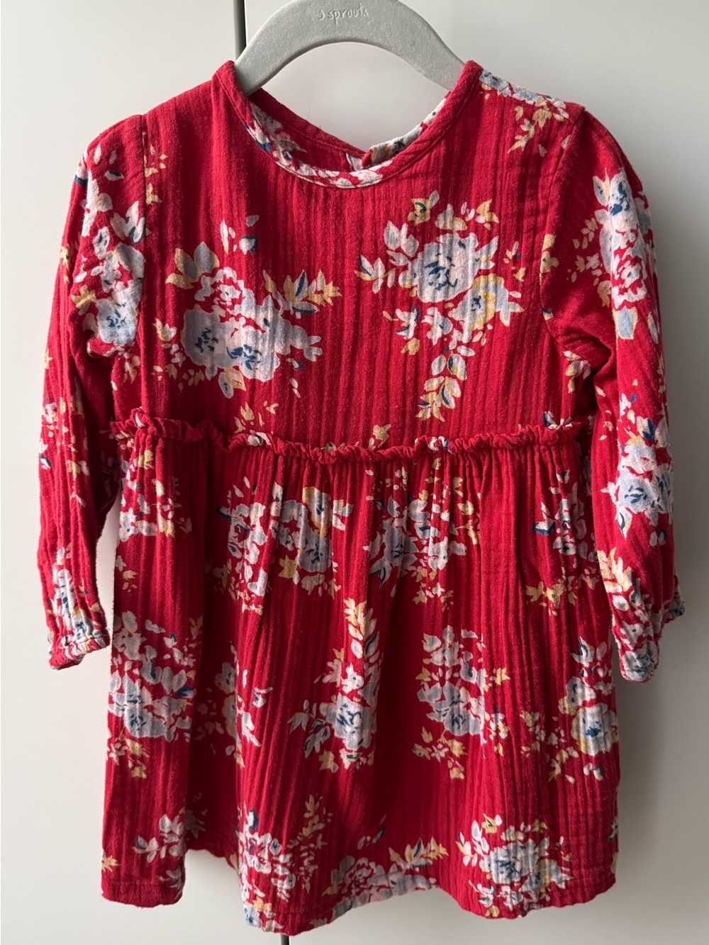 Bonton Red Floral Ruffled Waist Long-Sleeve Dress Top